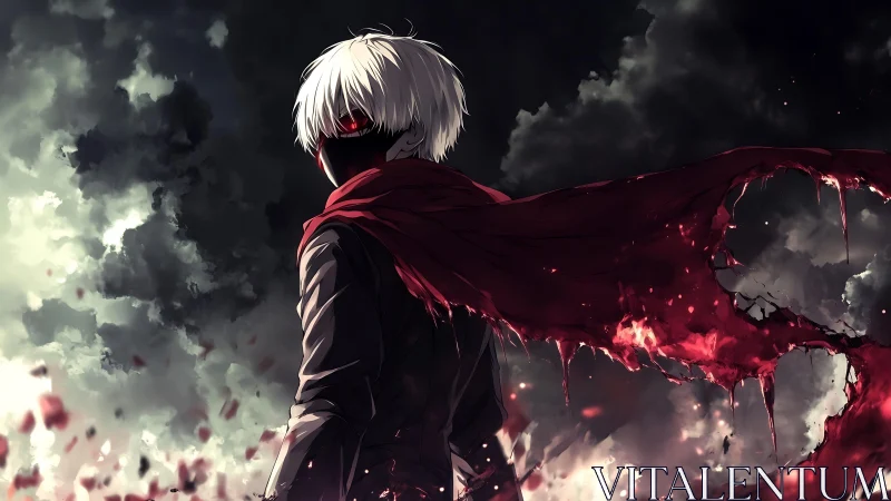 Backlit white-haired figure with tattered red cloak in storm sky