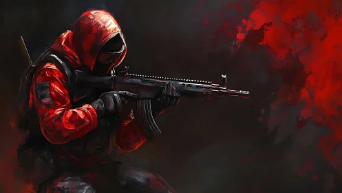 Tactical marksman in red hood against abstract crimson field.