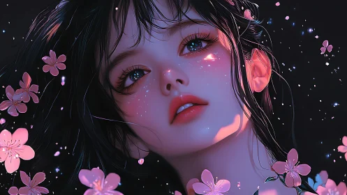 Iridescent anime portrait of girl amid luminous pink blossoms