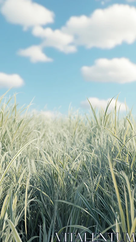 Soft summer grasses sway gently beneath drifting clouds