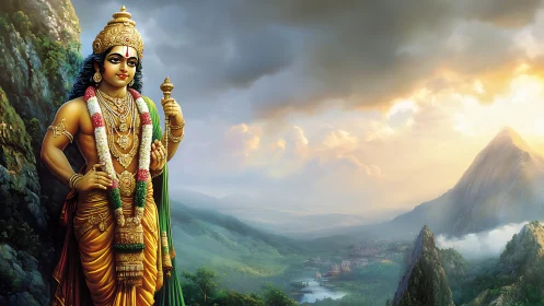 Mountain deity gazes over sunlit valley of emerald kingdoms.