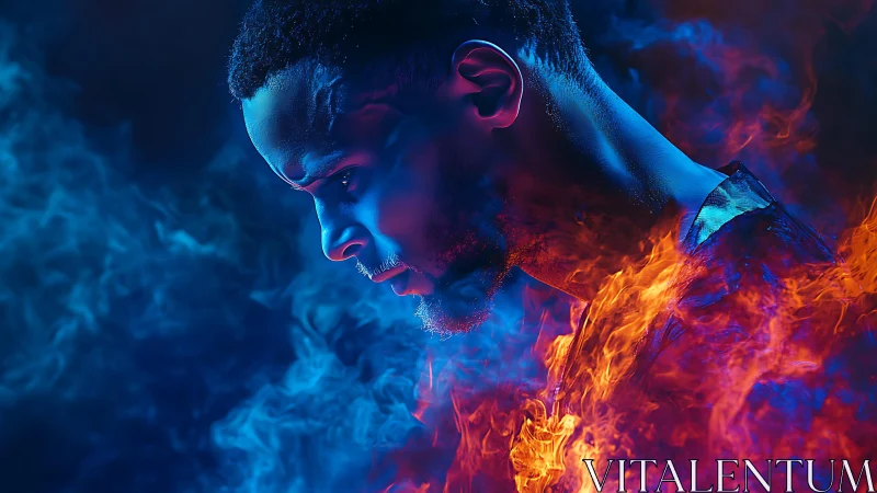 Profile portrait of man in blue smoke and orange flames.