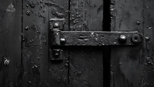 Weathered black metal latch on textured wooden door panels