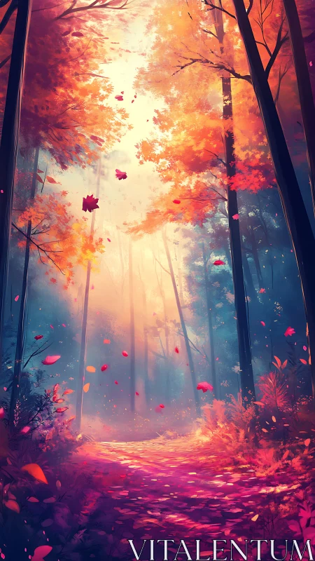 Luminous Forest Path: Autumn Foliage and Radiant Atmospheric Perspective in Digital Composition