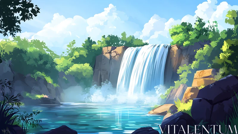 Digital landscape of a bright waterfall and rocky pool.