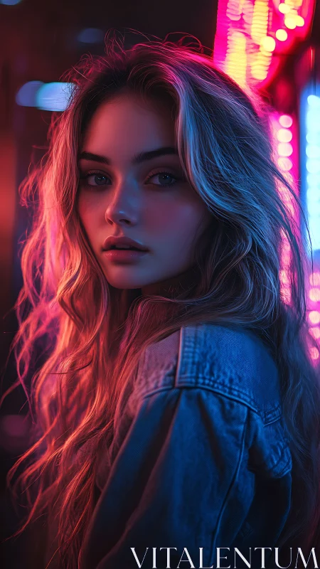 Neon-lit portrait with cinematic bokeh and split lighting.
