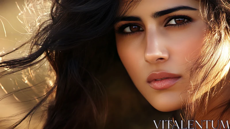 Sunlit gaze with windswept hair and quietly fierce warmth.