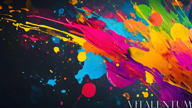 Vibrant abstract paint splashes on dark background, modern art style.