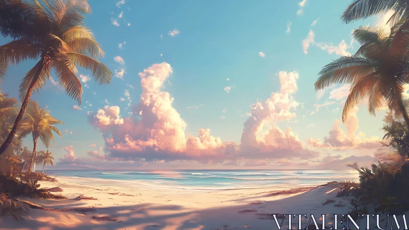 Tropical Coastal Paradise: Digital Seascape with Golden Hour Luminescence.