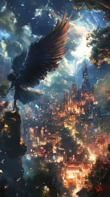 Winged guardian overlooks a radiant fantasy citadel at dusk.