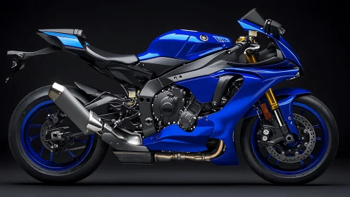 Blue superbike profile showcases aggressive aerodynamic styling.