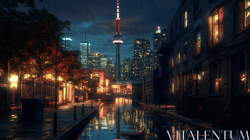 Digital painting of rainy urban alley with glowing skyline reflections.