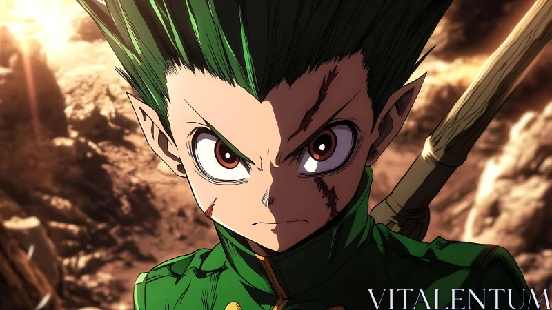 Scarred green warrior locks eyes with a stormy destiny