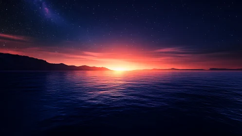 Digital seascape sunset under vivid starry night sky.