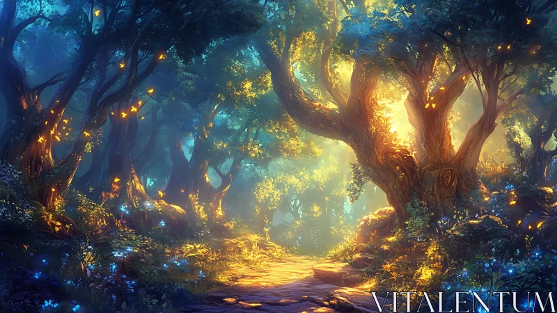 Bioluminescent Forest Canopy with Golden Atmospheric Light