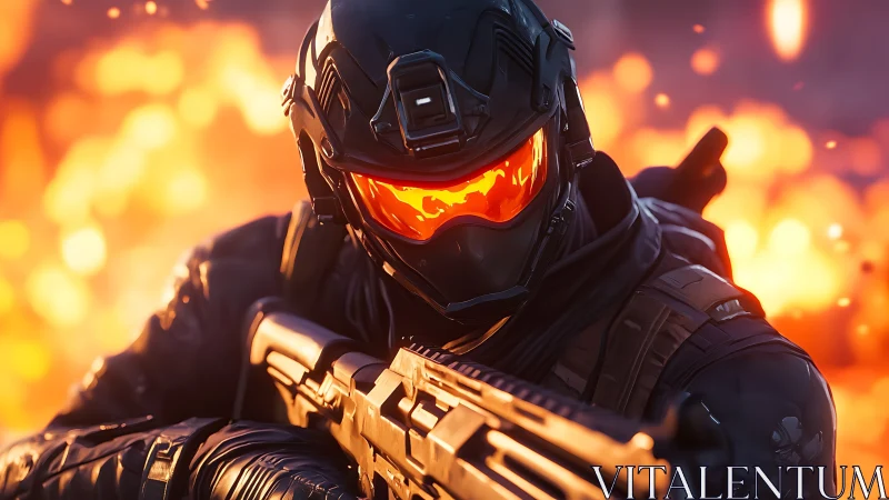 Armored sci fi soldier glowing against a storm of fire.