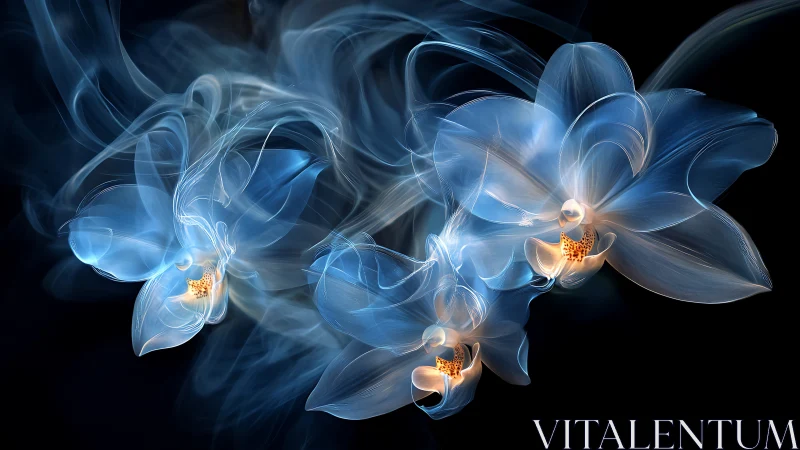 Translucent blue fractal orchids with luminous ember cores