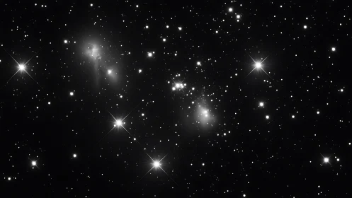 Monochrome stellar field with clustered nebular concentrations.