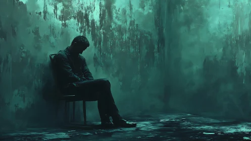 Solitary man sits in teal shadowed concrete room.