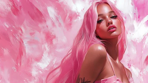 Digital portrait of pink haired woman on abstract backdrop.