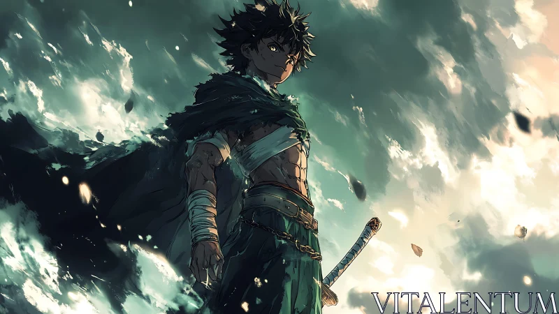 Stormlit wanderer with torn cloak and quiet, rising power.