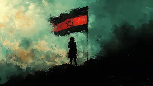 Brushy silhouetted soldier under tricolor flag in turbulent sky