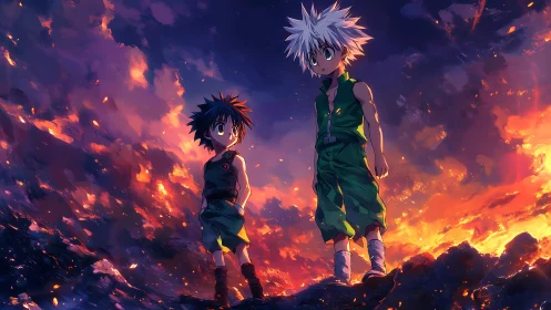 Twin adventurers gaze across a burning twilight horizon.