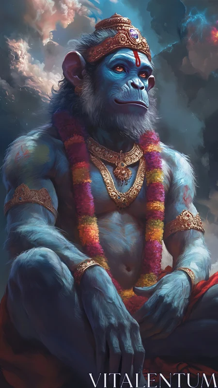 Regal blue monkey deity under stormy celestial clouds.