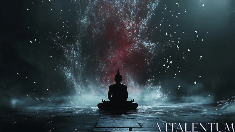 Silhouetted meditating figure before luminous cosmic vortex