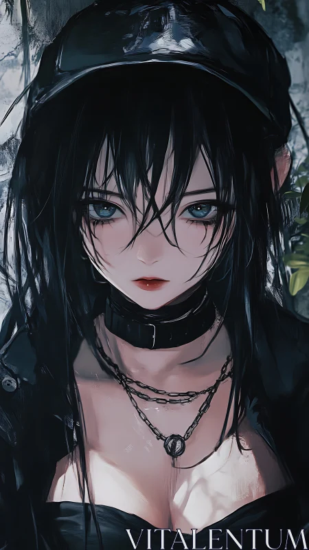 Dark-haired anime girl in black leather and choker collar.