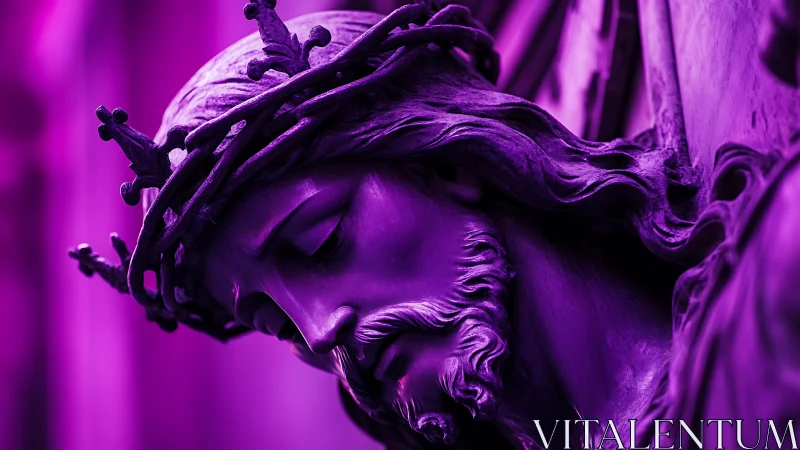 Monochromatic purple close-up of sorrowful crowned stone sculpture