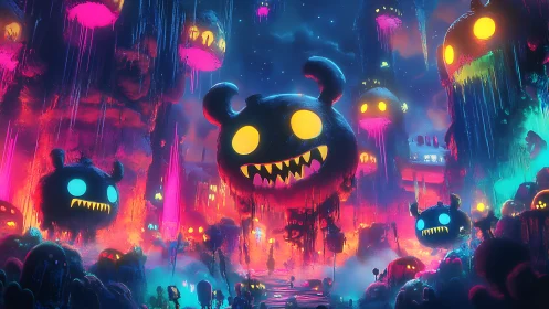 Neon cavern invasion with glowing monster balloons at night.