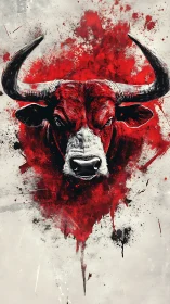 Powerful red bull portrait bursts forward in bold splashes