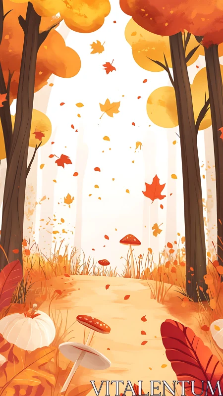 Autumn Forest Scene with Falling Leaves and Mushrooms in Watercolor Digital Illustration