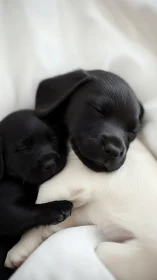 Black puppies sleep against white puppy on soft fabric