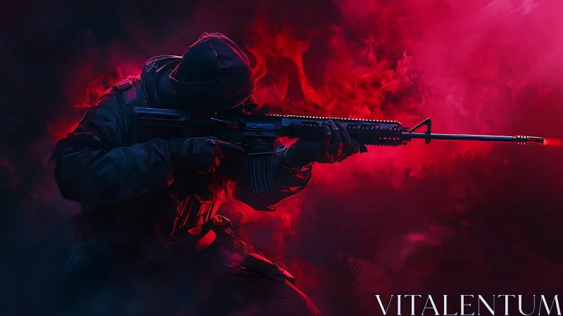 Hooded tactical sniper aiming rifle in red smoke field.