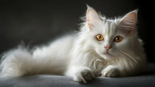 White Long-Haired Cat with Golden Eyes Portrait.