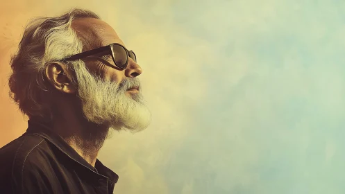 Older man in sunglasses against soft gradient sky background.