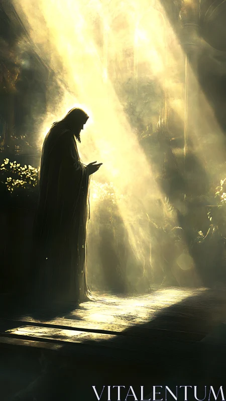 Quiet silhouette in a golden hall of drifting light.