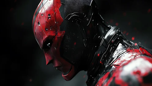 Cyberpunk red armored vigilante profile in 3D hard-surface render.