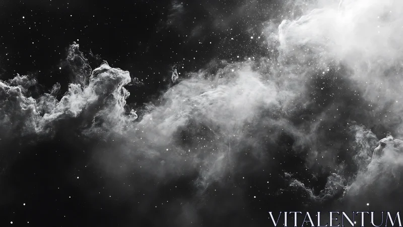 Nebula-like cosmic clouds in monochrome starfield study.