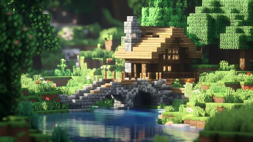 Cozy voxel riverside cabin glows in lush pixelated forest.