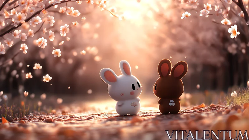 Gentle bunny friends share a quiet moment under soft blossoms