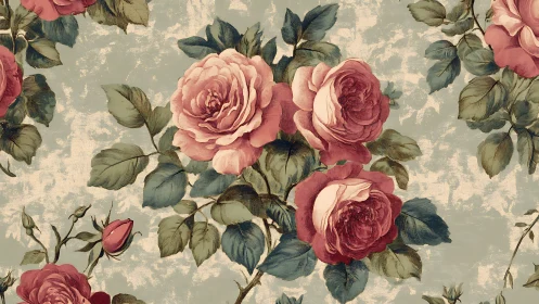 Vintage botanical rose cluster pattern on distressed ground.