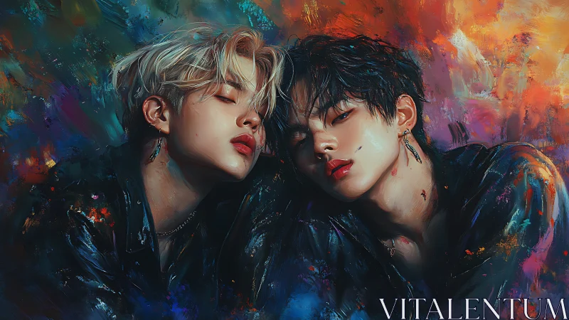 Dual portrait of stylized youths in vivid abstract setting.