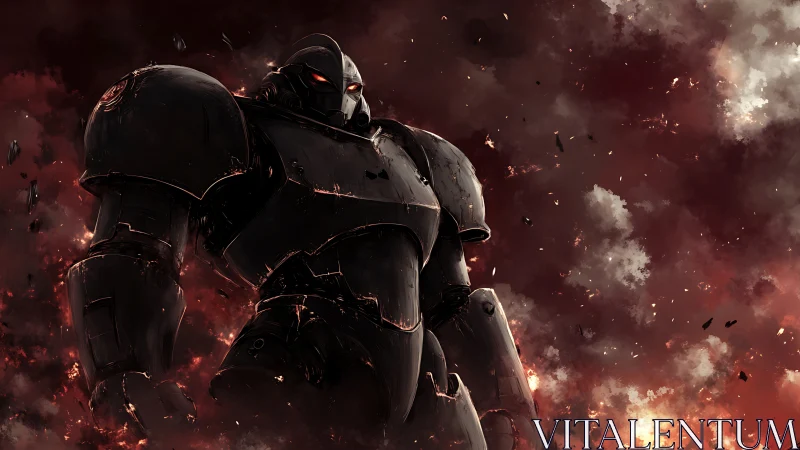 Towering armored mech stands strong in a burning storm sky