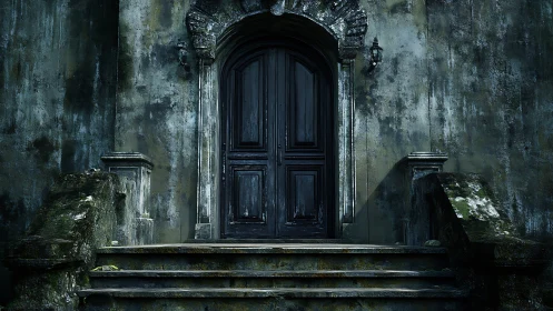 Midnight doorway broods atop moss bitten stone steps