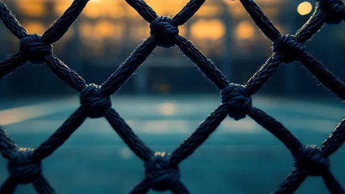 Shallow depth of field isolates knotted sports net against bokeh glow