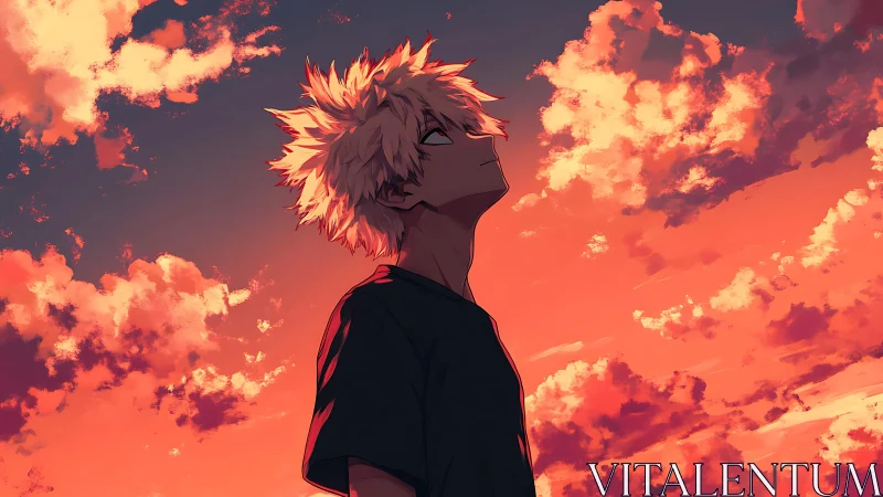 Anime figure under orange sunset sky with scattered clouds.