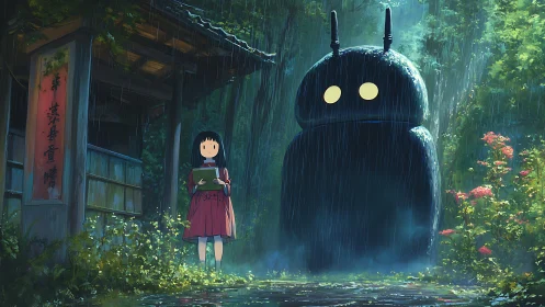 Girl stands with large robot in rainy forest clearing.